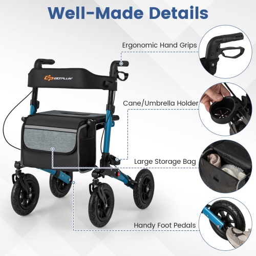 Goplus Walker for Seniors Folding Rollator Walker with 9" Pneumatic Tires for All Terrain Blue/Red/Black