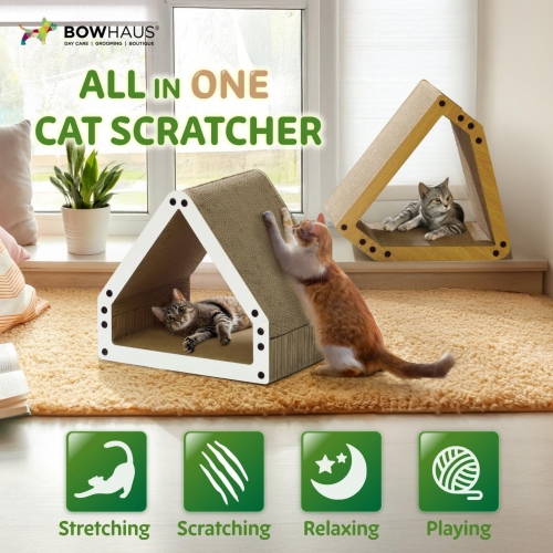 BOWHAUS House Cat Scratcher Lounger, Reversible Scratcher, Durable & Long-Lasting, Cat Cardboard Scratcher, Large Cat Scratching Pad, Scratching