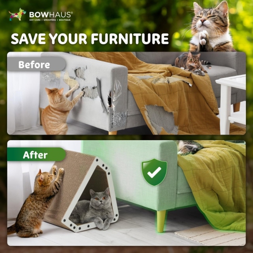 BOWHAUS House Cat Scratcher Lounger, Reversible Scratcher, Durable & Long-Lasting, Cat Cardboard Scratcher, Large Cat Scratching Pad, Scratching