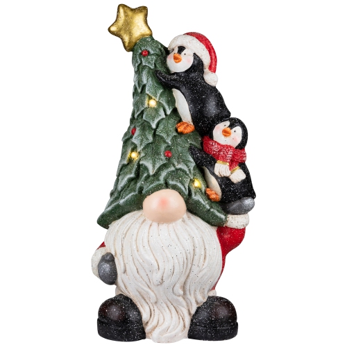 Lighted Gnome with Penguins Christmas Decoration -17" - Clear LED Lights