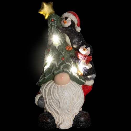 Lighted Gnome with Penguins Christmas Decoration -17" - Clear LED Lights