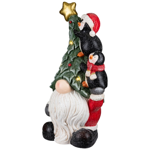 Lighted Gnome with Penguins Christmas Decoration -17" - Clear LED Lights