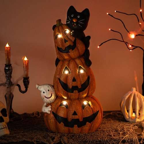 Lighted Stacked Jack-O-Lanterns with Ghost and Black Cat Halloween Decoration - 20" - LED Clear Lights