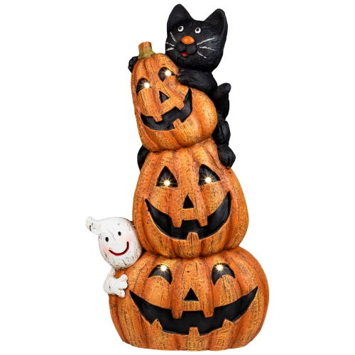 Lighted Stacked Jack-O-Lanterns with Ghost and Black Cat Halloween Decoration - 20" - LED Clear Lights