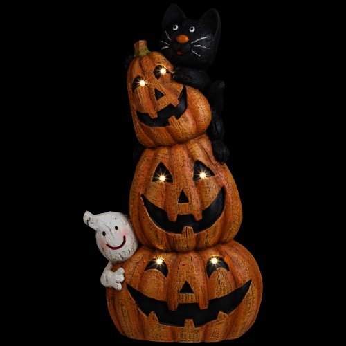Lighted Stacked Jack-O-Lanterns with Ghost and Black Cat Halloween Decoration - 20" - LED Clear Lights