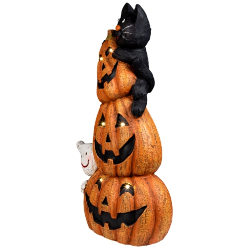 Lighted Stacked Jack-O-Lanterns with Ghost and Black Cat Halloween Decoration - 20" - LED Clear Lights