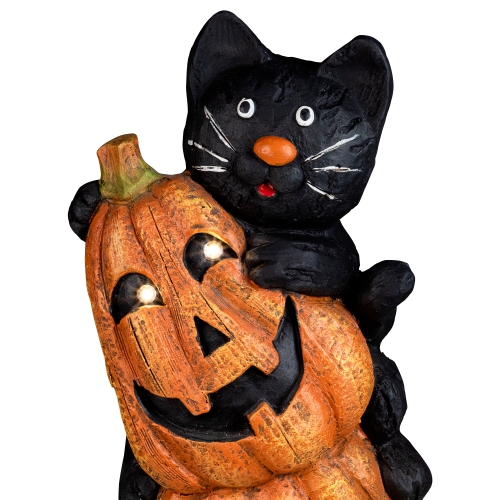Lighted Stacked Jack-O-Lanterns with Ghost and Black Cat Halloween Decoration - 20" - LED Clear Lights