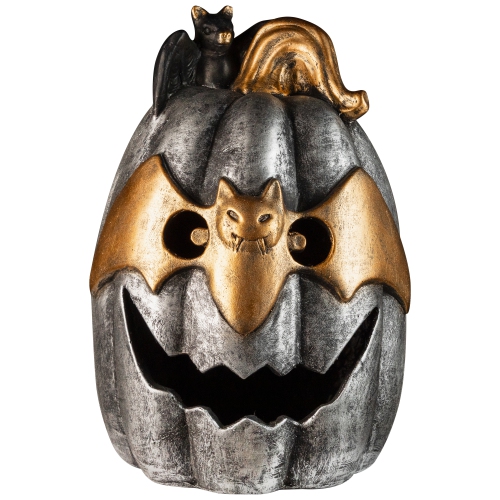 Lighted Metallic Jack-O-Lantern in Bat Mask Halloween Decoration - 14" - Multi LED