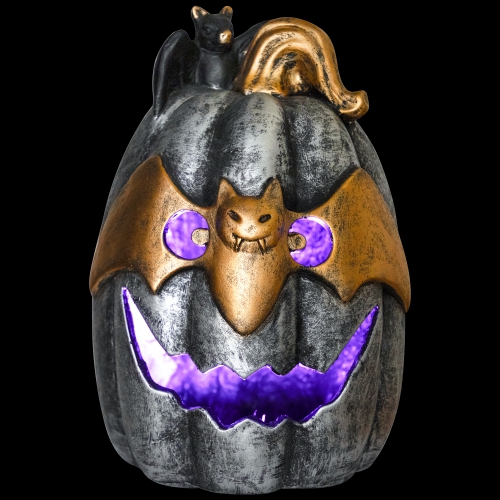 Lighted Metallic Jack-O-Lantern in Bat Mask Halloween Decoration - 14" - Multi LED