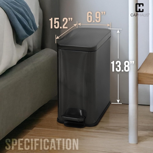 CAPHAUS 2.6 Gallon Small Trash Can with Soft-Close Lid, Stainless Steel Garbage Can w/Removable Inner Bucket and Trash Bag, Step Pedal Trash Can for