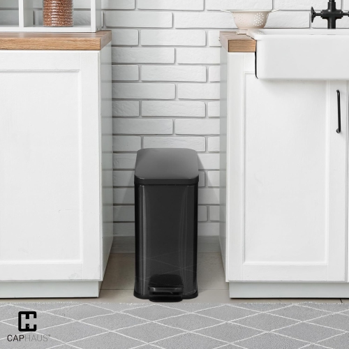 CAPHAUS 2.6 Gallon Small Trash Can with Soft-Close Lid, Stainless Steel Garbage Can w/Removable Inner Bucket and Trash Bag, Step Pedal Trash Can for