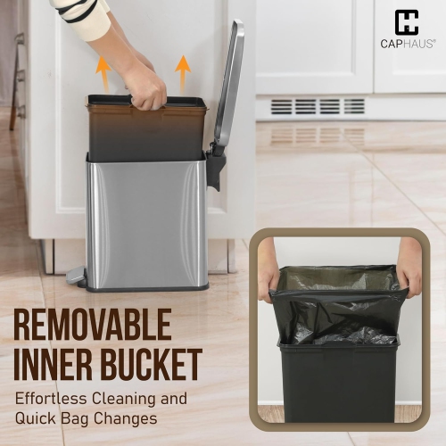 CAPHAUS 2.6 Gallon Small Trash Can with Soft-Close Lid, Stainless Steel Garbage Can w/Removable Inner Bucket and Trash Bag, Step Pedal Trash Can for