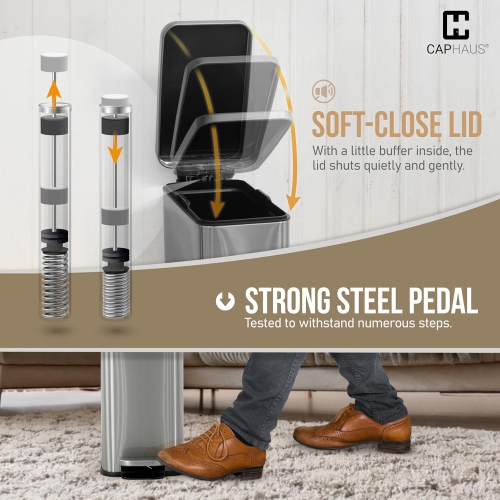 CAPHAUS 2.6 Gallon Small Trash Can with Soft-Close Lid, Stainless Steel Garbage Can w/Removable Inner Bucket and Trash Bag, Step Pedal Trash Can for