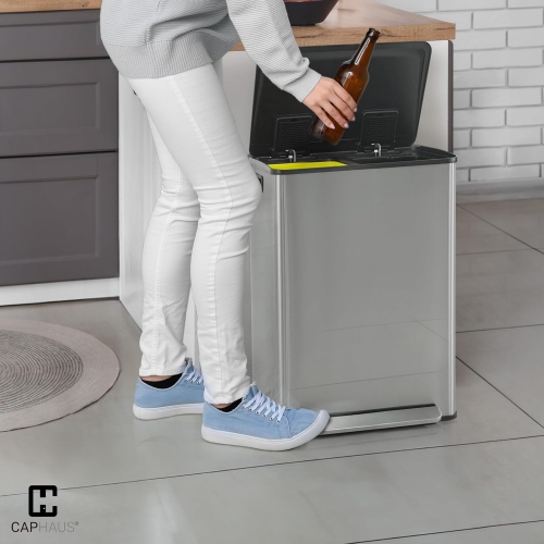 CAPHAUS Dual Trash Can with Lid, Trash and Recycling Bins Combo for Kitchen, Hands-Free Stainless-Steel Garbage Can with 2 Compartment, Hinged Lid,