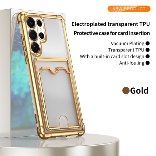 This ultra-thin, drop-resistant soft case for the Samsung Galaxy S24 Ultra has four corners, a transparent design, and card slot protection - Gold.