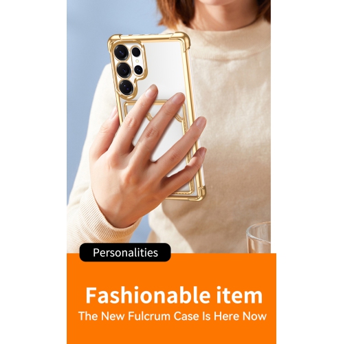 This ultra-thin, drop-resistant soft case for the Samsung Galaxy S24 Ultra has four corners, a transparent design, and card slot protection - Gold.