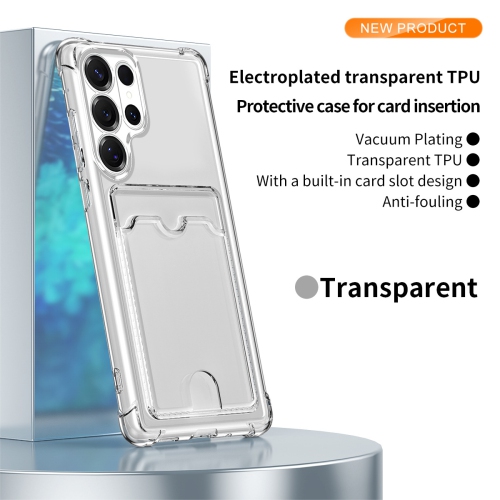 This ultra-thin, drop-resistant soft case for the Samsung Galaxy S24 Ultra has four corners, a transparent design, and card slot protection -