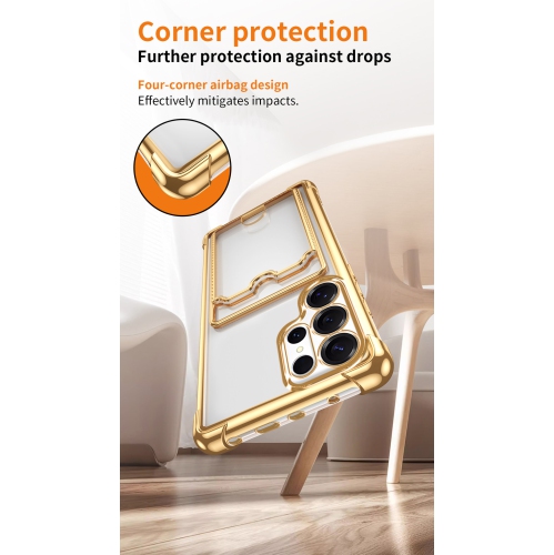 This ultra-thin, drop-resistant soft case for the Samsung Galaxy S24 Ultra has four corners, a transparent design, and card slot protection -