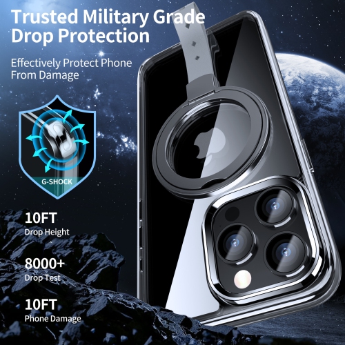 iPhone 15 Pro Max Stand and Lanyard Case 14 Two-in-1 Shock-Resistant Metal Case - Transparent Black with Gray Cord