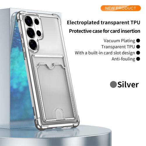 This ultra-thin, drop-resistant soft case for the Samsung Galaxy S24 Ultra has four corners, a transparent design, and card slot protection - Silver.