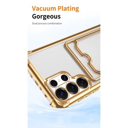 This ultra-thin, drop-resistant soft case for the Samsung Galaxy S24 Ultra has four corners, a transparent design, and card slot protection - Silver.