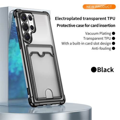 This ultra-thin, drop-resistant soft case for the Samsung Galaxy S24 Ultra has four corners, a transparent design, and card slot protection - Black.