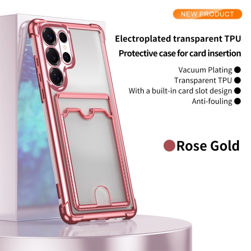 This ultra-thin, drop-resistant soft case for the Samsung Galaxy S24 Ultra has four corners, a transparent design, and card slot protection - Pink.