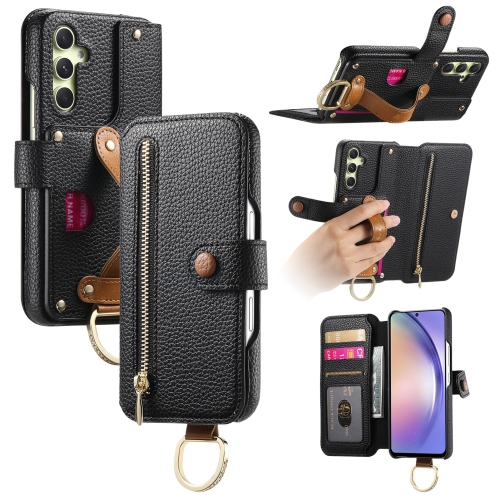 Suitable for Samsung S25 litchi texture flip leather case with multiple card slots, hardware wristband and ring buckle, shockproof and drop-resistant