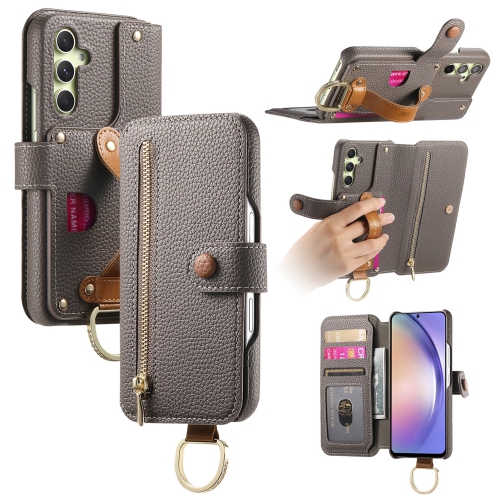 Suitable for Samsung S25 litchi texture flip leather case with multiple card slots, hardware wristband and ring buckle, shockproof and drop-resistant