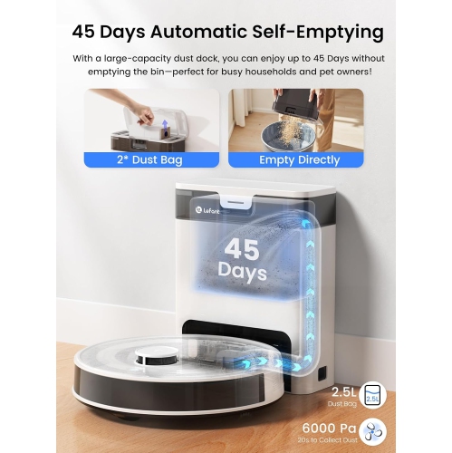 Open Box – Lefant M2 Pro Robot Vacuum and Mop, 45-Day Self-Emptying, 5500Pa Suction with Precision Mapping, Lidar Navigation, Wi-Fi/App/Alexa, Ideal