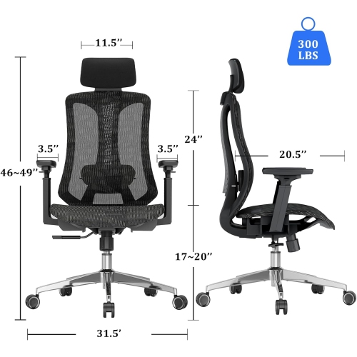 Open Box – Logicfox Ergonomic mesh Office Chair, Computer Desk Chair with 3D Armrests, Adjustable Lumbar Cushion & 2D Headrest, Black High Back