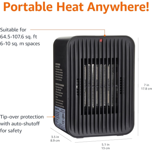 Ceramic Space Heater, Electric Heater for Indoor Use With 3 Heat Settings, Temperature Control, Lightweight, 520W, 13cm L x 9cm W x 18cm H