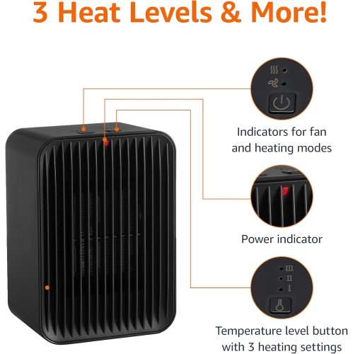 Ceramic Space Heater, Electric Heater for Indoor Use With 3 Heat Settings, Temperature Control, Lightweight, 520W, 13cm L x 9cm W x 18cm H