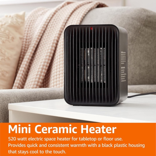 Ceramic Space Heater, Electric Heater for Indoor Use With 3 Heat Settings, Temperature Control, Lightweight, 520W, 13cm L x 9cm W x 18cm H