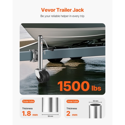 VEVOR 1500 lbs Load Trailer Jack with Wheel, Heavy Duty Swivel Boat Trailer Jack with PP Single Wheel & Ergonomic Handle, 12-inch Lift, Fit for RVs,