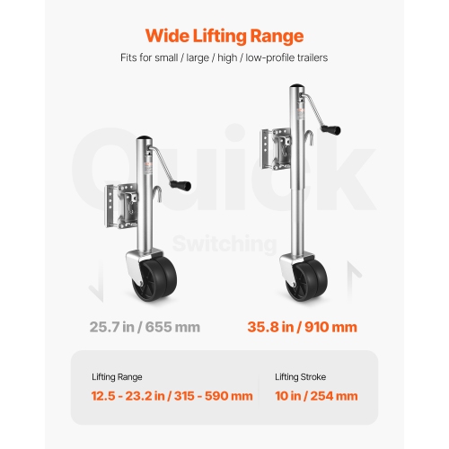 VEVOR 1500 lbs Load Trailer Jack with Wheel, Heavy Duty Swivel Boat Trailer Jack with PP Single Wheel & Ergonomic Handle, 12-inch Lift, Fit for RVs,