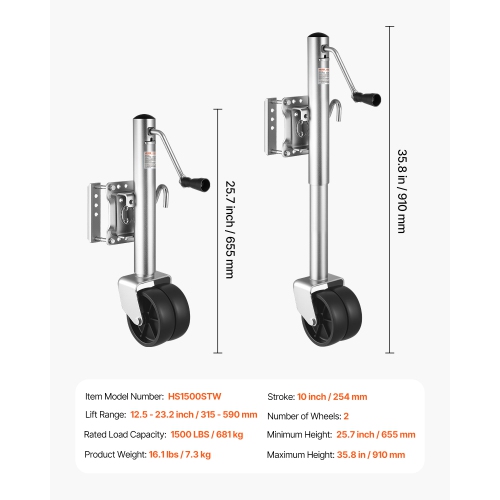 VEVOR 1500 lbs Load Trailer Jack with Wheel, Heavy Duty Swivel Boat Trailer Jack with PP Single Wheel & Ergonomic Handle, 12-inch Lift, Fit for RVs,