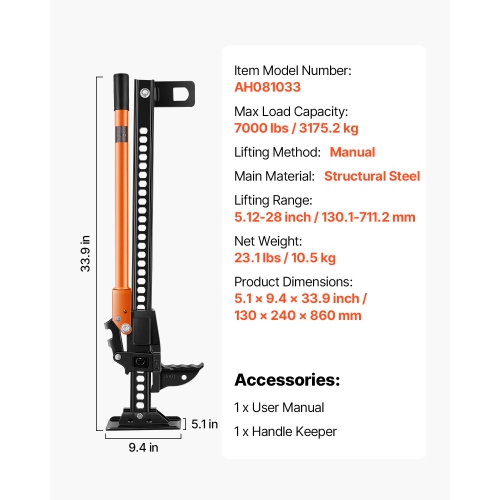 VEVOR 34" Farm Jack, Utility High Lift Farm Jack, 3.18 Ton Capacity Ratcheting Off Road Utility Jacks, Heavy-Duty Lift Jacks with 5.12"-28" Lifting