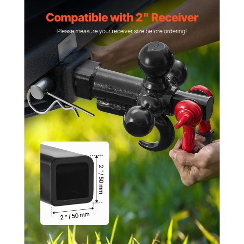 VEVOR Trailer Hitch, Tri-Ball Mount with Hook & D-ring, Trailer Ball Size 1-7/8", 2" & 2-5/16", Fit 2-Inch Hitch Receiver, Max 44000 lbs Ball Hitch,