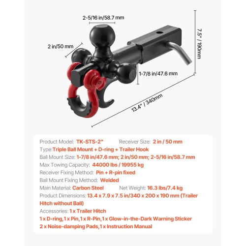 VEVOR Trailer Hitch, Tri-Ball Mount with Hook & D-ring, Trailer Ball Size 1-7/8", 2" & 2-5/16", Fit 2-Inch Hitch Receiver, Max 44000 lbs Ball Hitch,