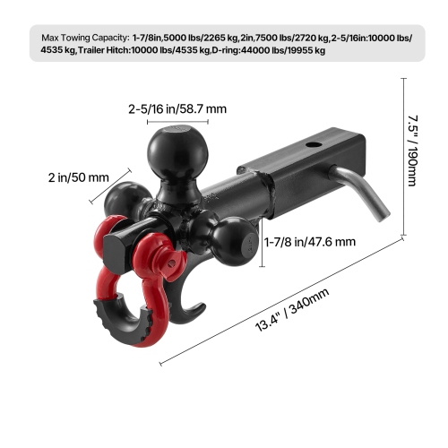 VEVOR Trailer Hitch, Tri-Ball Mount with Hook & D-ring, Trailer Ball Size 1-7/8", 2" & 2-5/16", Fit 2-Inch Hitch Receiver, Max 44000 lbs Ball Hitch,
