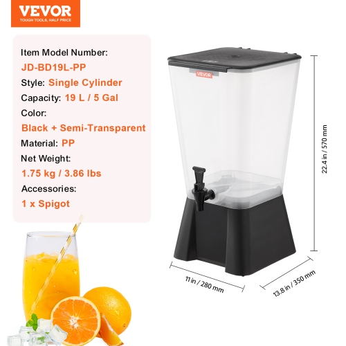 VEVOR 5 Gallon Beverage Dispenser, Drink Dispenser for Parties, Plastic Juice Dispensers with No-Drip Spigot, Iced Tea Lemonade Juice Water