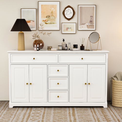 Famapy 5-Drawer Dresser with 4-Door Cabinet & Adjustable Shelves – Versatile Storage Solution for Bedroom, Living Room, or Bathroom,White