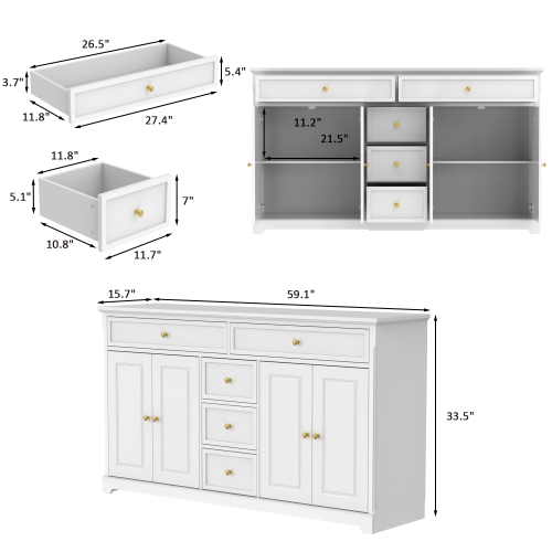 Famapy 5-Drawer Dresser with 4-Door Cabinet & Adjustable Shelves – Versatile Storage Solution for Bedroom, Living Room, or Bathroom,White