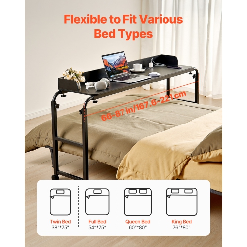 VEVOR Overbed Table, Mobile Bed Side Table with 4 Wheels and Power Socket, Height Adjustable Rolling Laptop Desk, Portable Particleboard Over Bed