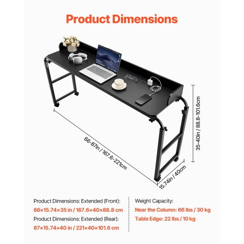 VEVOR Overbed Table, Mobile Bed Side Table with 4 Wheels and Power Socket, Height Adjustable Rolling Laptop Desk, Portable Particleboard Over Bed