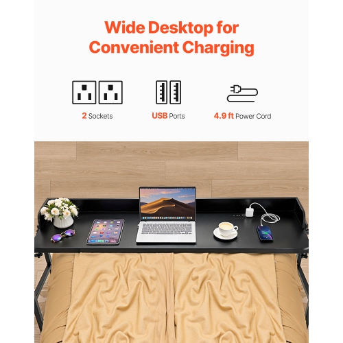 VEVOR Overbed Table, Mobile Bed Side Table with 4 Wheels and Power Socket, Height Adjustable Rolling Laptop Desk, Portable Particleboard Over Bed