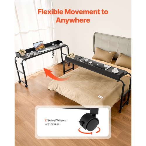 VEVOR Overbed Table, Mobile Bed Side Table with 4 Wheels and Power Socket, Height Adjustable Rolling Laptop Desk, Portable Particleboard Over Bed