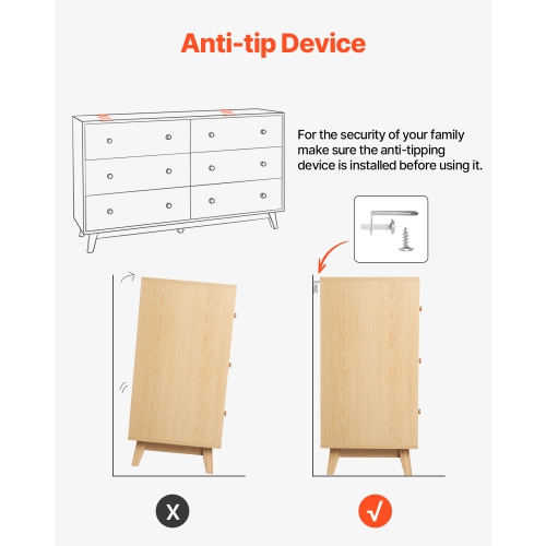 Commode à 6 tiroirs VEVOR, commode en bois à tiroirs coulissants avec dispositif antibasculement, commode minimaliste moderne, range-tout pour le