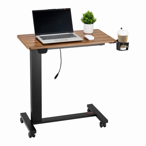 VEVOR Overbed Table, Mobile Bed Side Table with 4 Wheels, Electric Lifting with Upgrade Button, Rolling Laptop Desk with Cup Holder, Height